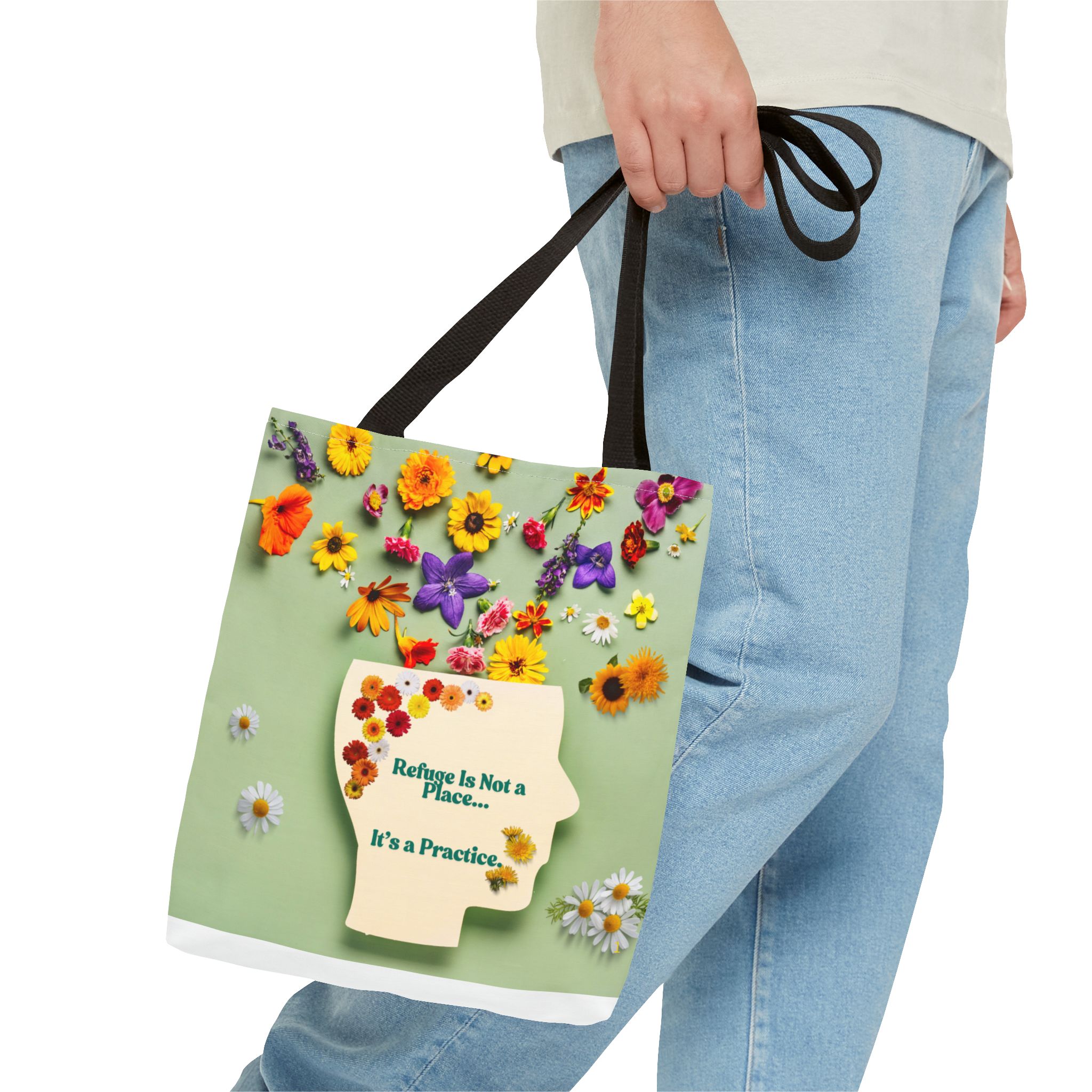 Whimsical Floral Tote Bag - "Refuge Is Not a Place... It's a Practice"