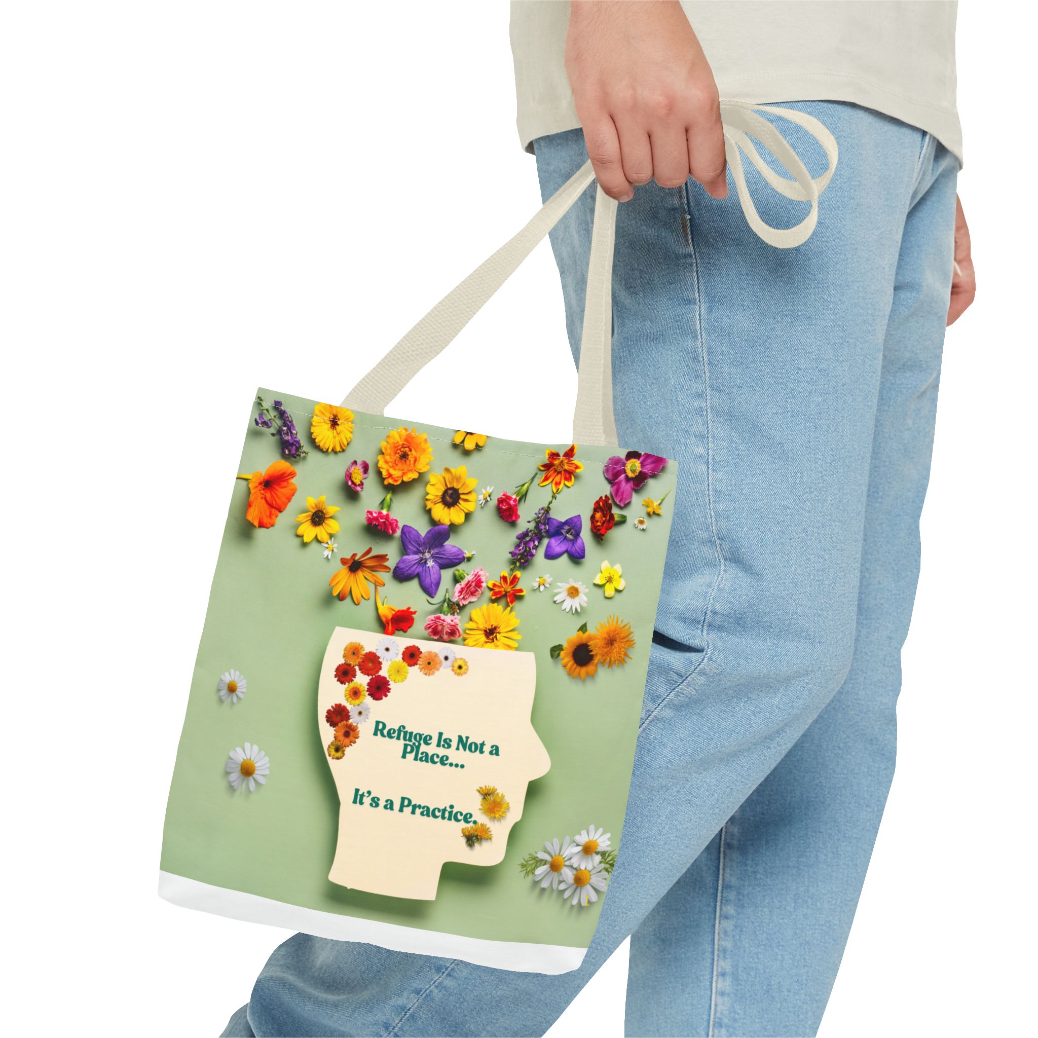Whimsical Floral Tote Bag - "Refuge Is Not a Place... It's a Practice"