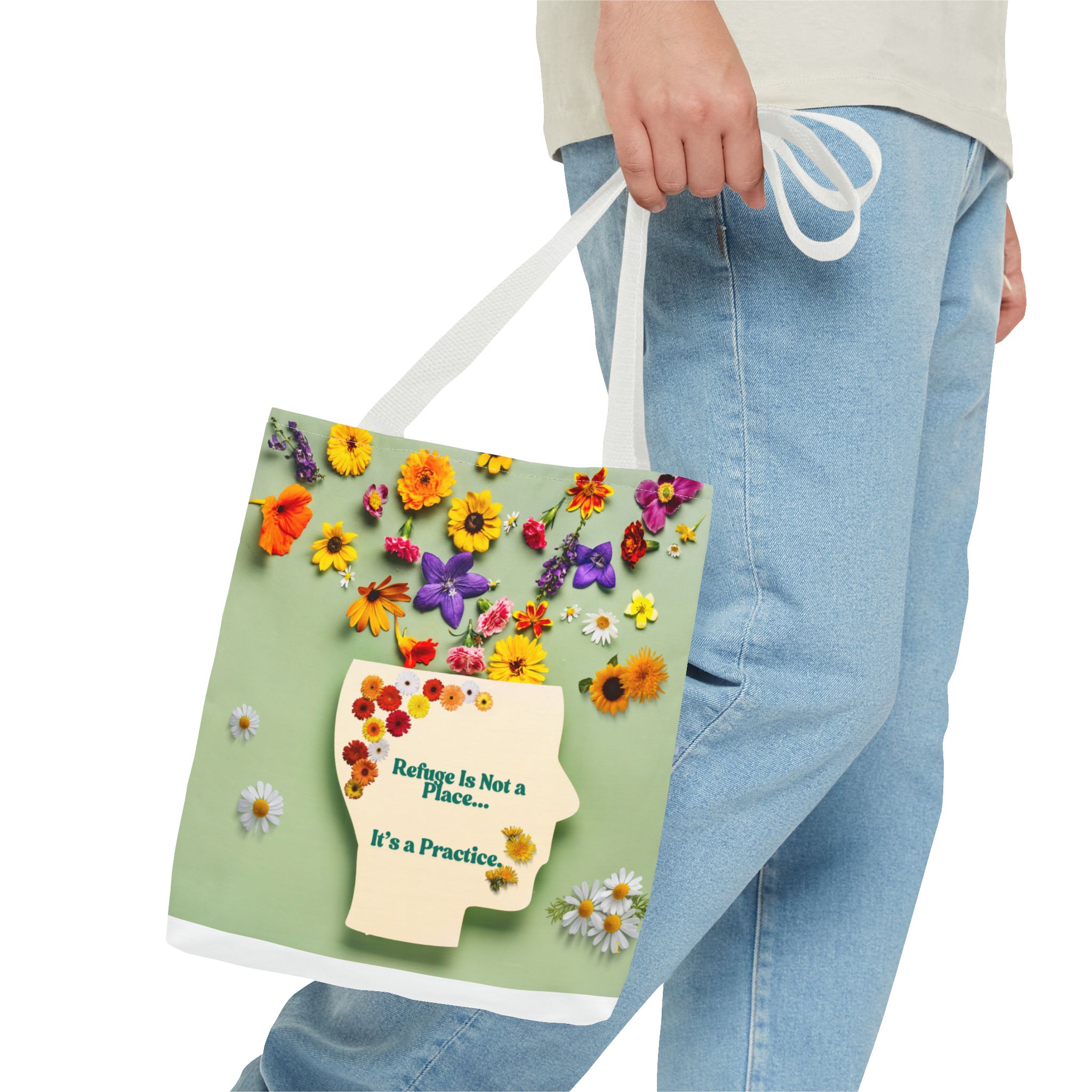 Whimsical Floral Tote Bag - "Refuge Is Not a Place... It's a Practice"
